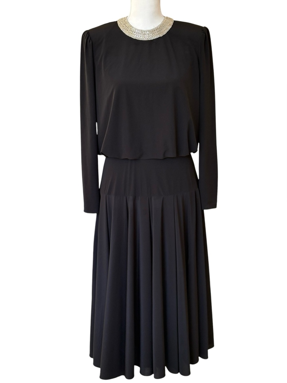 VTG Ricki Lang ILGWU Beaded Collar Blouson Maxi Dress Black Evening Gown 8